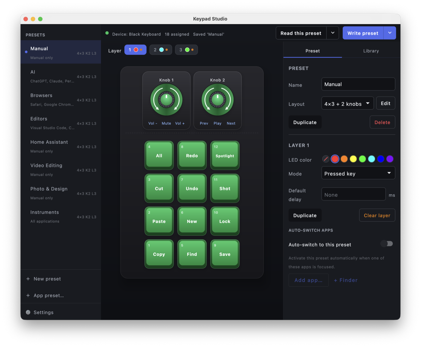 The Keypad Studio main window: a list of saved presets down the left, three layer tabs, the pad's two rotary knobs and twelve keys drawn with the assignment on each keycap, and the preset panel on the right with LED colour, mode and per-application switching.
